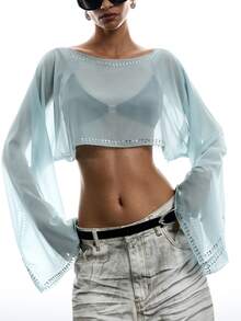 LYSMO Women's Rhinestone Embellished Casual Versatile Daily Wear Shirt, Fall Clothes, Social Blouse, Y2k, Chic Top Halloween - Mint Blue - View 2