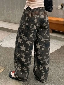 Dazy Plus 女款韓式條紋休閒寬鬆牛仔長褲，後背字母拼接設計，趣味通勤百搭大尺碼四季牛仔褲，秋季款 - 軍綠色 - 查看 6