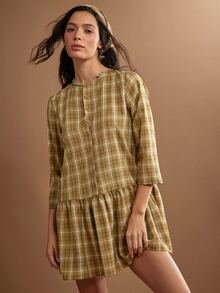 WESTFADE Button Front 3/4 Sleeve Plaid Babydoll Mini Dress & Matching Headscarf, Fall Winter 2026 Western Style Cowgirl Clothing, Rodeo, Female Country Look - Brown - View 4