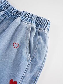 GlowEve CURVE 大尺碼女款愛心刺繡彈性腰寬腿休閒牛仔褲 - 藍色 - 查看 3