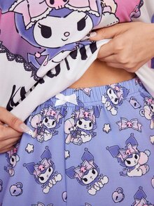 HELLO KITTY AND FRIENDS | SHEIN Set Piyama Kaos Lengan Raglan dan Celana Pendek Motif Huruf untuk Wanita - Purple - View 7