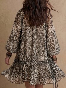 Solivie Women's Leopard Print V-Neck Lantern Sleeve Ruffle Hem Fashion Dress - Multicolor - View 2