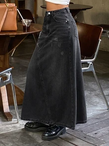 DAZY Women's Straight Long Casual Denim Skirt - Black - View 5