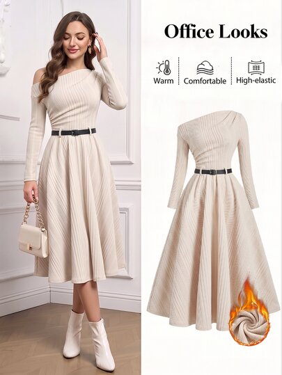 Ellevyn Robe midi élégante pour femmes, couleur unie, col asymétrique, manches longues, plissée