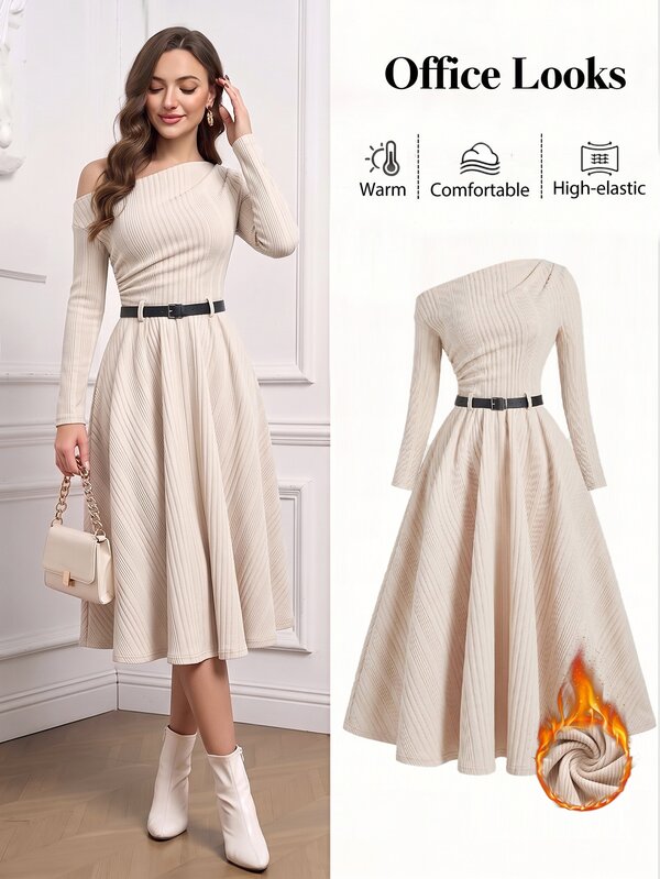 Ellevyn Vestido midi elegante de manga larga con cuello asimétrico y plisado en unicolor para mujer