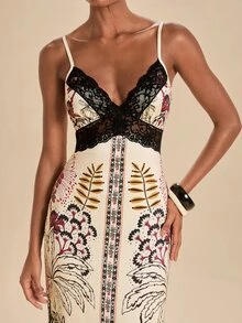 Travachic Elegant Floral Print Lace Patchwork Spaghetti Strap Dress - Multicolor - View 7