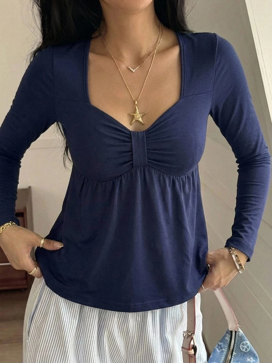 DAZY 女款極簡度假風百褶長袖T恤 韓系街頭風 - 藏蓝色 - 查看 1