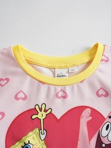SpongeBob SquarePants | SHEIN Young Girl Cartoon Print Short Sleeve Top And Shorts Casual Daily Home Sleepwear Set - Baby Pink - View 3