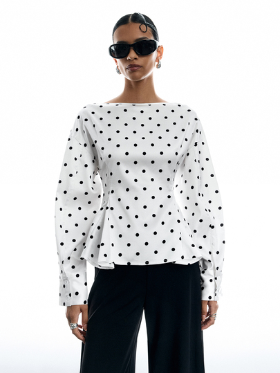 LYSMO Women's Polka Dot Satin Boat Neck Long Sleeve Elegant Blouse, Autumn Outfits For Women , Winter Jacket , Elegant Women's Blouses Workwear For Women