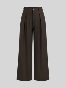 Sweetra Autumn/Winter Fashion Design Women's Brown Sleeveless Blazer With Waist-Cinching Slimming Fit, Paired With Wide-Leg Straight Suit Pants, Casual Commuter Style 2 Pieces Suit Set - Brown - View 4
