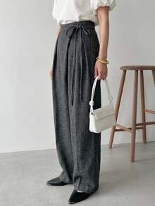 FRIFUL Women's Fashion Drawstring Waist Pleated Versatile Long Pants Brunch Office Work Gray Autumn Casual Business Casual Elegant - Grey - View 6