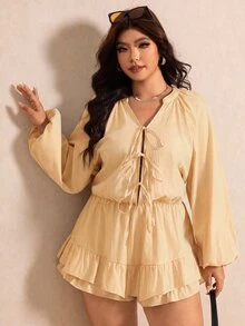 Elaquor Plus Size Casual Commute Striped Tie-Front Romper Fall - Yellow - View 6