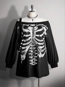 SHEIN ICON 大尺碼 Y2K 骷髏印花寬肩開衩迷你洋裝，萬聖節露肩洋裝 - 黑色 - 查看 1