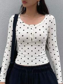 DAZY 秋季休閒波點印花長袖T恤 - 米色 - 查看 5