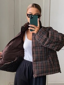 DAZY Women's Street Fashion Plaid Pocket Zipper Padded Coat - Burgundy - View 1