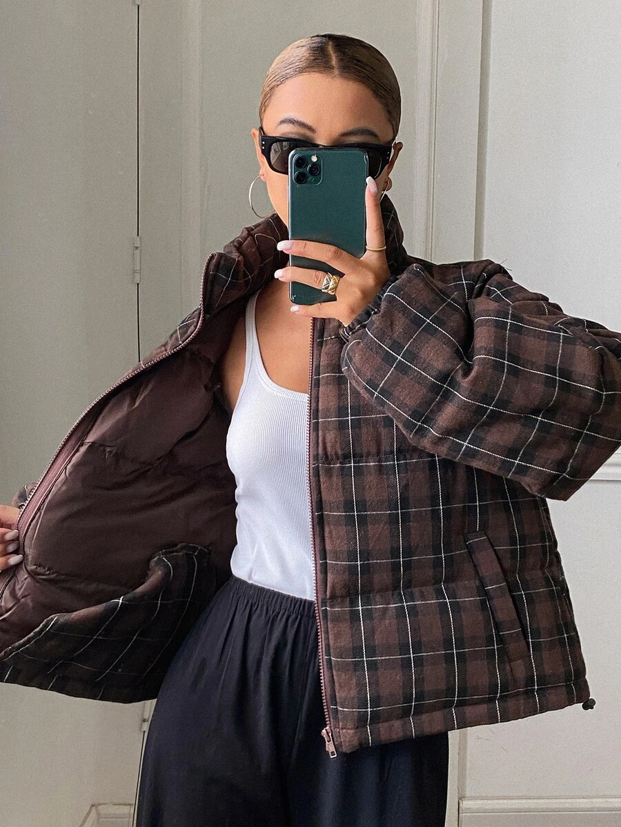 DAZY Women's Street Fashion Plaid Pocket Zipper Padded Coat - Burgundy - View 1