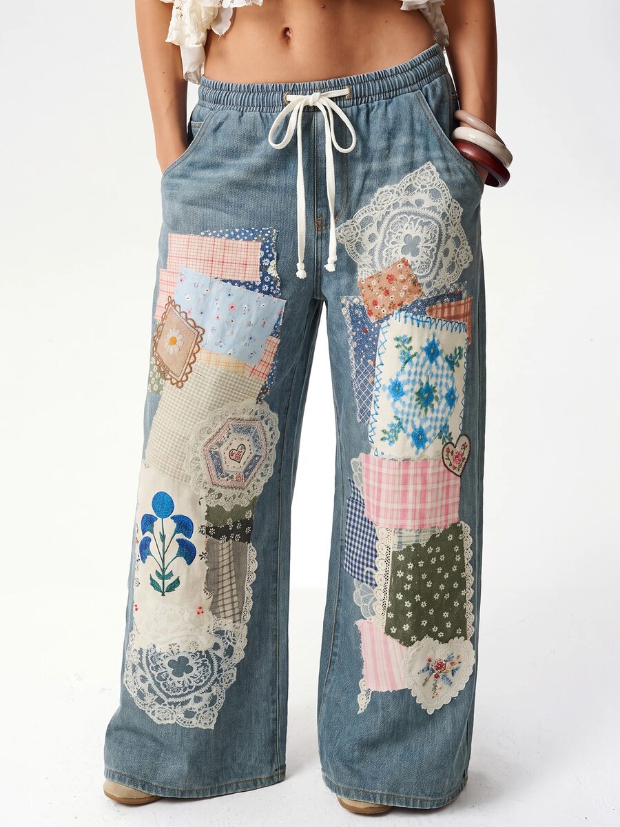 Bohemela Plus Size Women's High Waist Baggy Wide Leg Lace Patchwork Denim Jeans With Drawstring Waist - Medium Wash - View 1