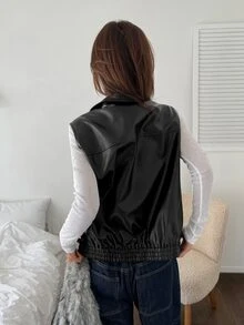 K-Vae Women's Black Zipper Front Casual PU Leather Vest Jacket - Black - View 2
