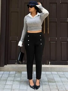 Rivivi Plus Size Women's Fitted Elastic Decorative Button Slim Long Pants - Black - View 5