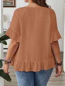 EMERY ROSE Plus Size Solid Ruffle Trim Round Neck Short Sleeve Loose Blouse Spring Summer 2026 - Rust Brown - View 2