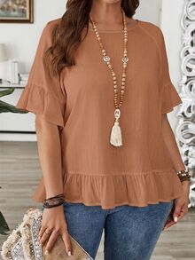 EMERY ROSE Plus Size Solid Ruffle Trim Round Neck Short Sleeve Loose Blouse Spring Summer 2026 - Rust Brown - View 7