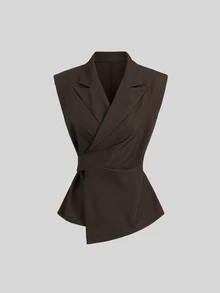 Sweetra Autumn/Winter Fashion Design Women's Brown Sleeveless Blazer With Waist-Cinching Slimming Fit, Paired With Wide-Leg Straight Suit Pants, Casual Commuter Style 2 Pieces Suit Set - Brown - View 3