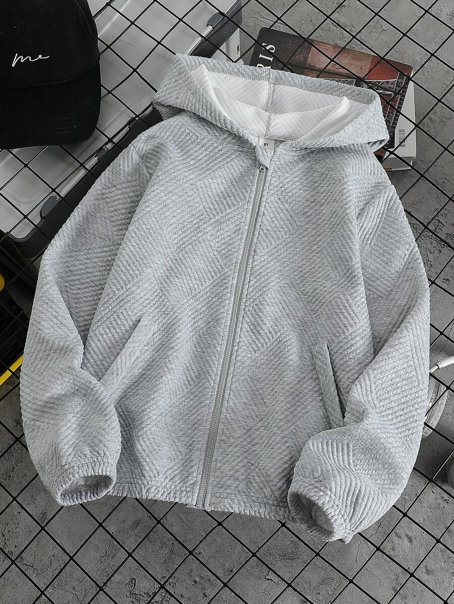 SHEIN Boys Casual Sports Jacket: Textured Jacquard Pattern Full Zip Hooded Sweatshirt With Slanted Pockets, Solid Gray Long Sleeve - Grey - View 1
