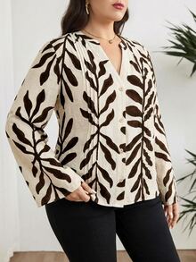 Modelyn Plus Size Women's Leaf Print Casual Versatile Daily Wear Shirt - Multicolor - View 7