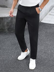 Manfinity Mode 男士純色百褶口袋直筒休閒正式長褲，黑色西裝西褲 - 黑色 - 查看 4