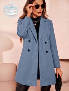 SHEIN Clasi 女款時尚鈕扣口袋長袖大衣 - 霧霾藍 - 查看 1