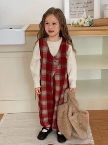Dazy Kids Young Girls' Plaid Sleeveless Loose Red Autumn/Winter Brushed Fleece Jumpsuit - Brown - View 2