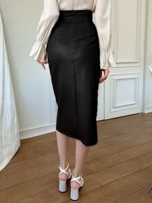 Dazy Tall Women's Split Design Leather Skirt Elegant Skirt - Black - View 2