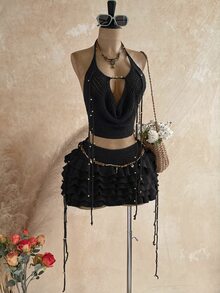 Soleia 女款春夏浪漫熱帶度假兩件套：垂領鉤編背心上衣、鋼珠流蘇多層荷葉邊裙，黑色 - 黑色 - 查看 12