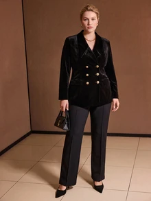 MOTF PREMIUM PLUS SIZE WOMEN'S AUTUMN/WINTER VELVET DOUBLE-BREASTED FITTED BLAZER - Black - View 5