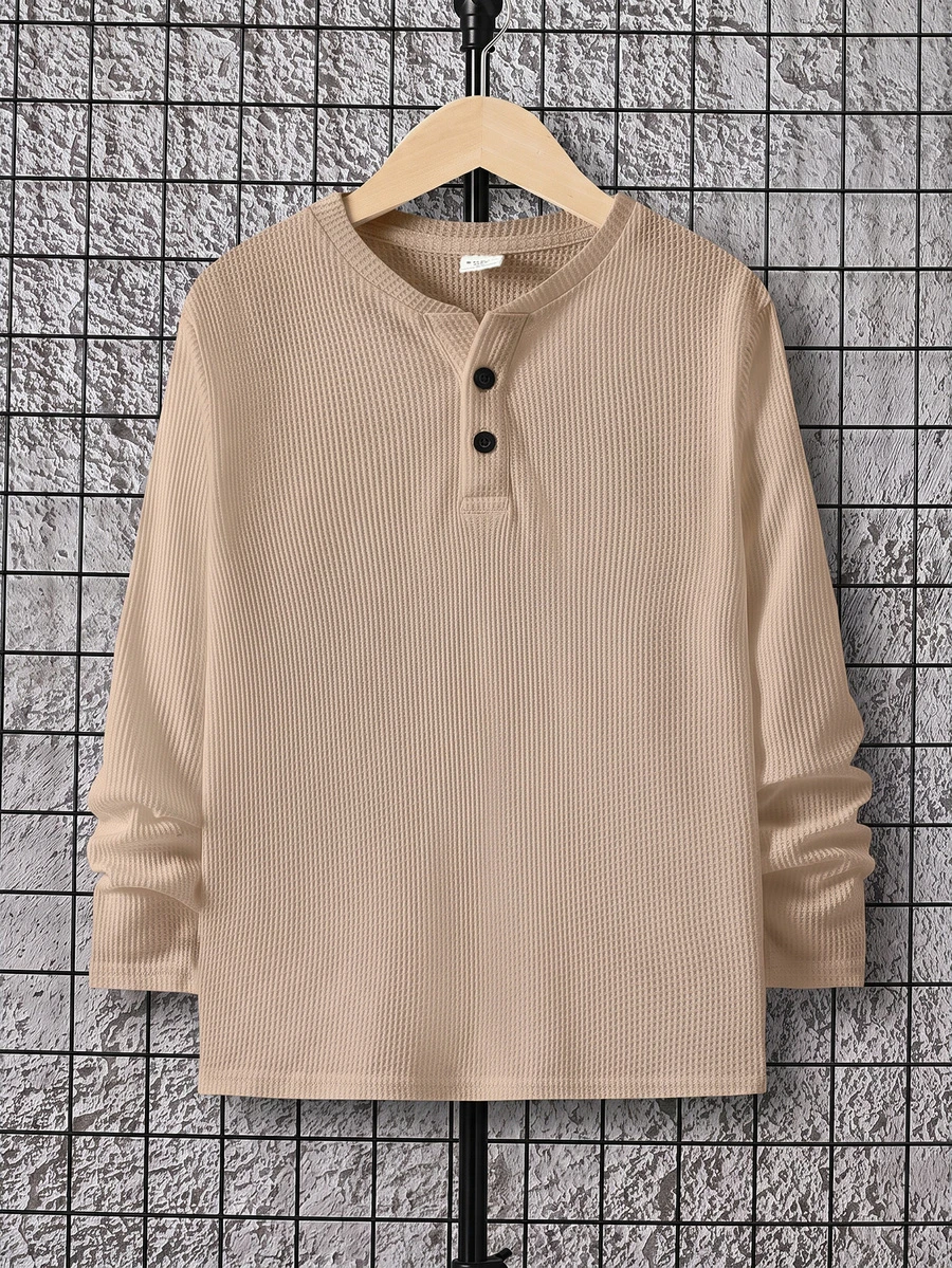 SHEIN 青少年男孩純色半鈕扣 Polo 長袖 T 恤 - 卡其色 - 查看 1