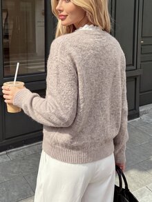 SHEIN PariChic Autumn/Winter Fashion Floral Lace Trim Round Neck Cardigan Long Sleeve Sweater - Khaki - View 3