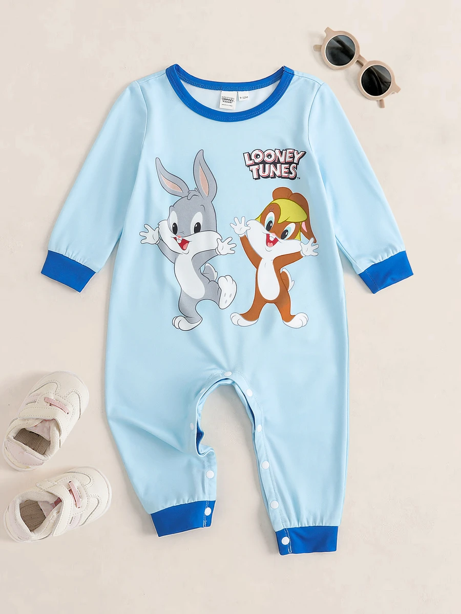 LOONEY TUNES X SHEIN 男嬰圓領長袖休閒連身衣 - 藍色 - 查看 1