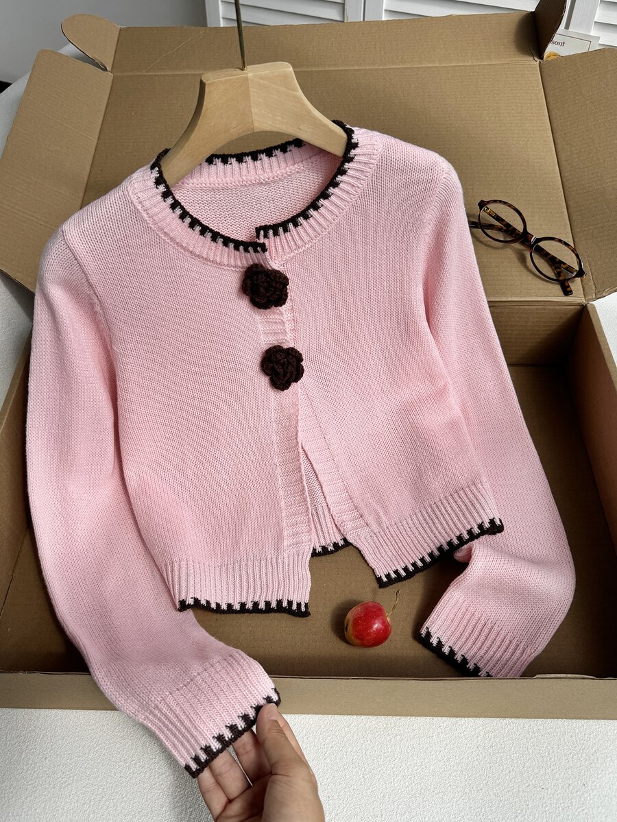 Tween Girl 3D Floral Decor Long Sleeve Knit Cardigan - Pink - View 1