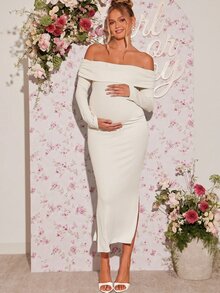 Loomaby Elegant Solid Color Off-Shoulder Maternity Dress Fall - Apricot - View 5