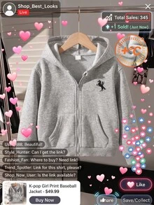 女童 4-7 歲學院風落肩拉鍊連帽抓絨運動外套，馬術刺繡圖案裝飾休閒上衣，保暖秋季新品，適合校園日常活動與戶外出遊 - 灰色 - 查看 3