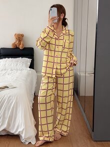 Napfluff Plaid Contrast Trim Lapel Open Front Long Sleeve Pants Pajama Set - Multicolor - View 6