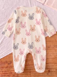 Newborn Home Jumpsuit, Cartoon Pink & Grey Rabbit All-Over Print Baby Long Sleeve Footed Romper, Snap Crotch Newborn Bodysuit, Baby Girl Spring/Autumn Home Sleep & Outdoor Footed Crawler - Multicolor - View 3