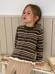 Hapijoa Young Girls' Striped Color Block Frill Trim Basic Short Cardigan Sweater, Autumn/Winter - Brown - View 7
