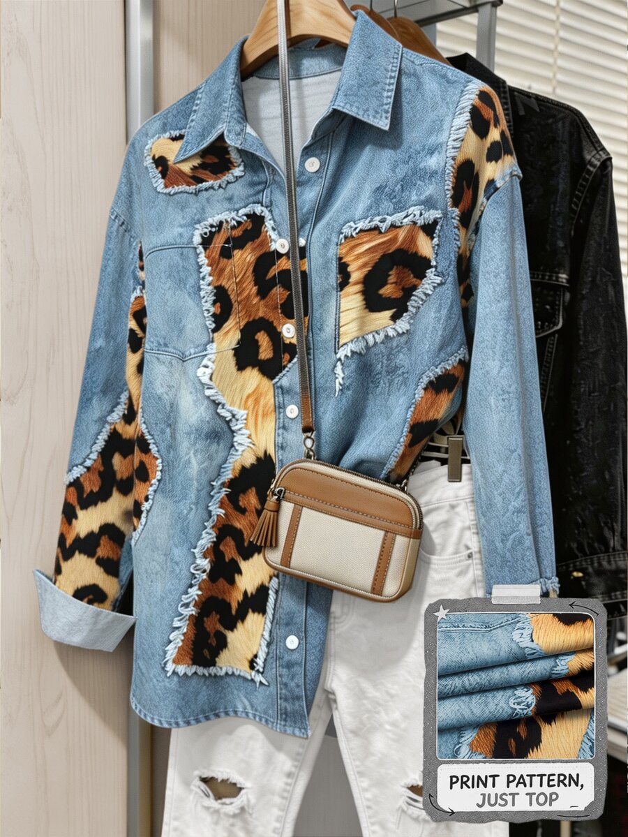 Franclia Women's Leopard Print Patchwork Denim Effect Print Shirt - Multicolor - View 1