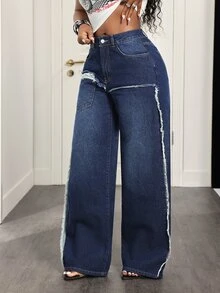Slaydiva Women's Casual Daily Denim Straight Leg Pants With Pockets And Buttons - Dark Wash - View 3