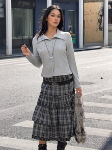 K-Vae Cardigan Rajut Kancing Tunggal Warna Abu-abu Muda dengan Kerah Polo, Potongan Ramping, Panjang Pendek, Lengan Panjang, Atasan Serbaguna untuk Komuter di Musim Semi/Gugur yang Memberikan Efek Melangsingkan. - Grey - View 5