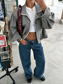 Muchica 女款棕色格紋編織休閒夾克，前拉鍊設計 - 黑與白 - 查看 8
