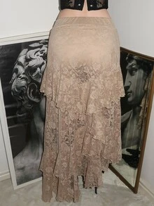 Glisette Fashionable Women's Beige Multi-Panel Asymmetrical Hem Lace Skirt - Beige - View 2