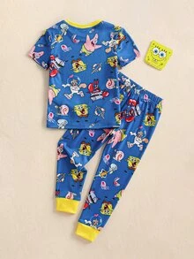 SpongeBob SquarePants | SHEIN 小男孩卡通印花短袖上衣與內搭褲家居服套裝 - 藍色 - 查看 2