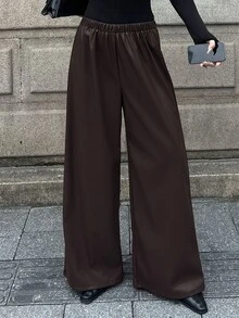 Livesso 女款純色彈性腰寬腿寬鬆休閒長褲 秋季 - 咖啡棕 - 查看 1